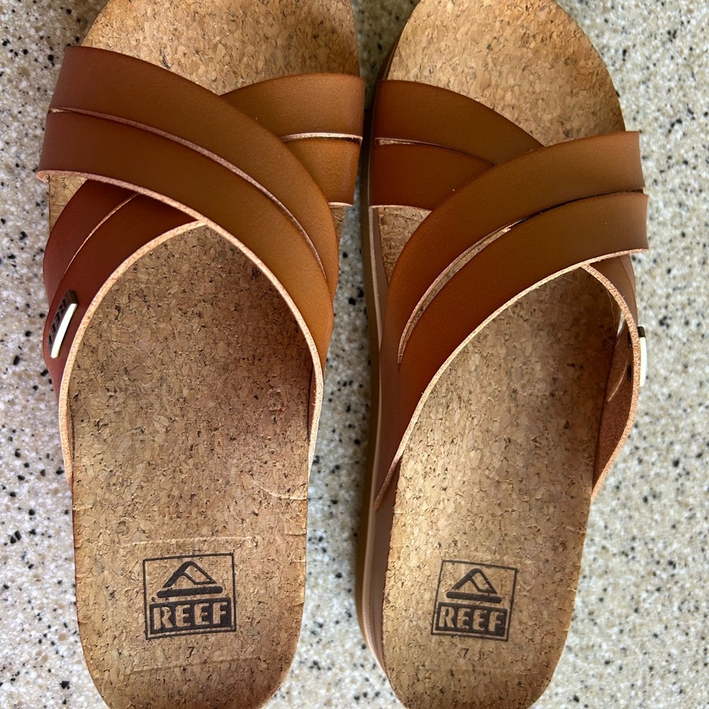 Reef Women's Tan Leather Cork Slide Sandals